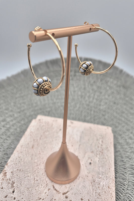 Golden Lilac Hoop Earrings- 35mm, 14K gold plated, tarnish resistant with Indonesian brass beads
