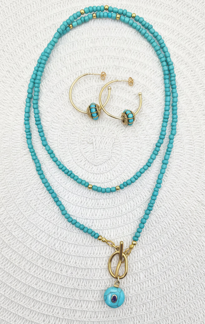 Golden Turquoise Hoop Earrings- 35mm, 14K gold plated, tarnish resistant with Indonesian brass beads
