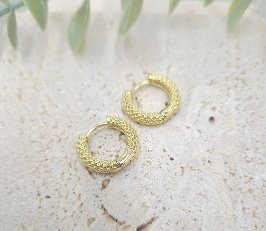 Golden Glow Textured Huggie Hoop Earrings- 17mm, 14K gold plated, tarnish resistant