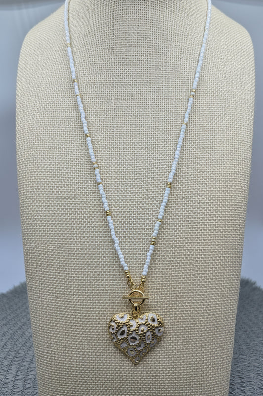 White Leopard Heart Beaded Necklace