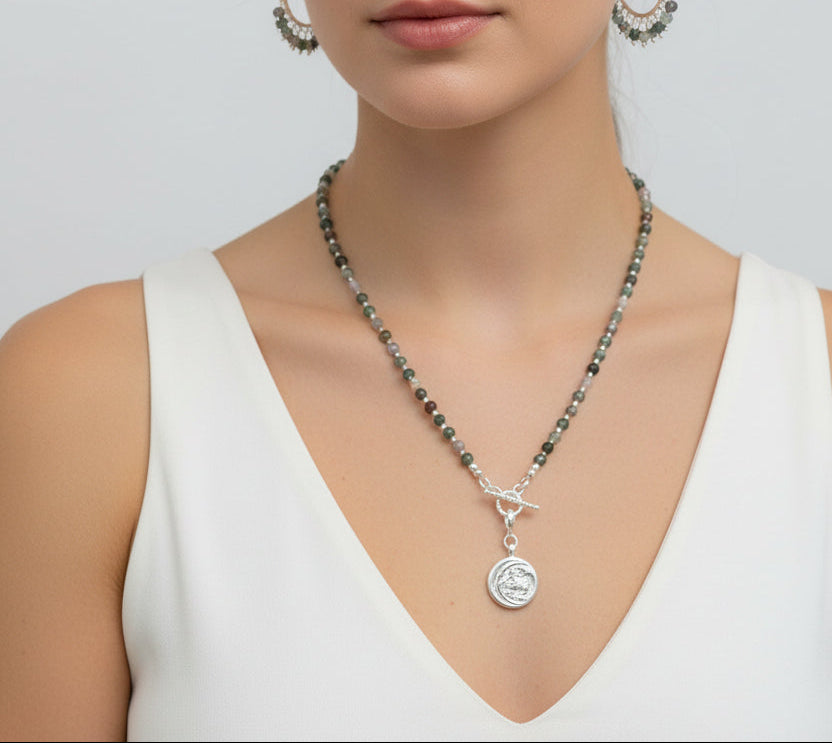 Moon and Stars Indian Agate Beaded Necklace