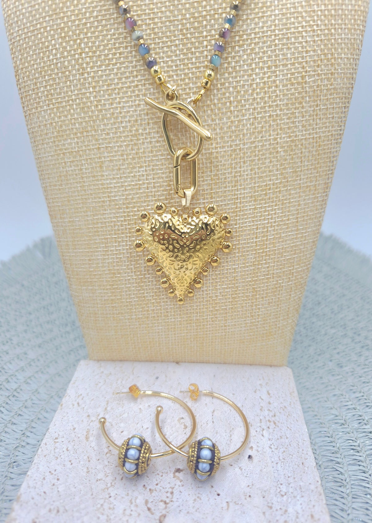 Golden Lilac Hoop Earrings- 35mm, 14K gold plated, tarnish resistant with Indonesian brass beads
