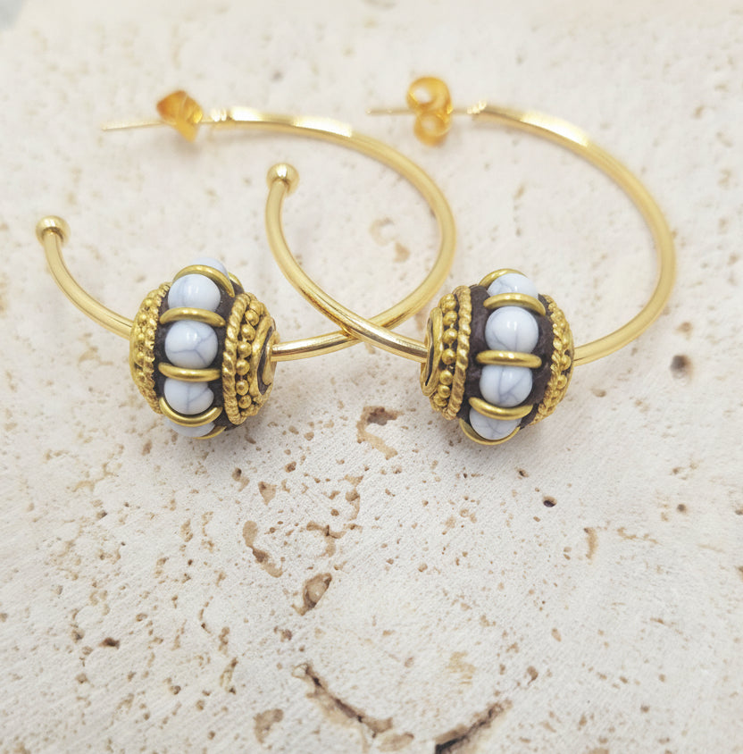 Golden Lilac Hoop Earrings- 35mm, 14K gold plated, tarnish resistant with Indonesian brass beads