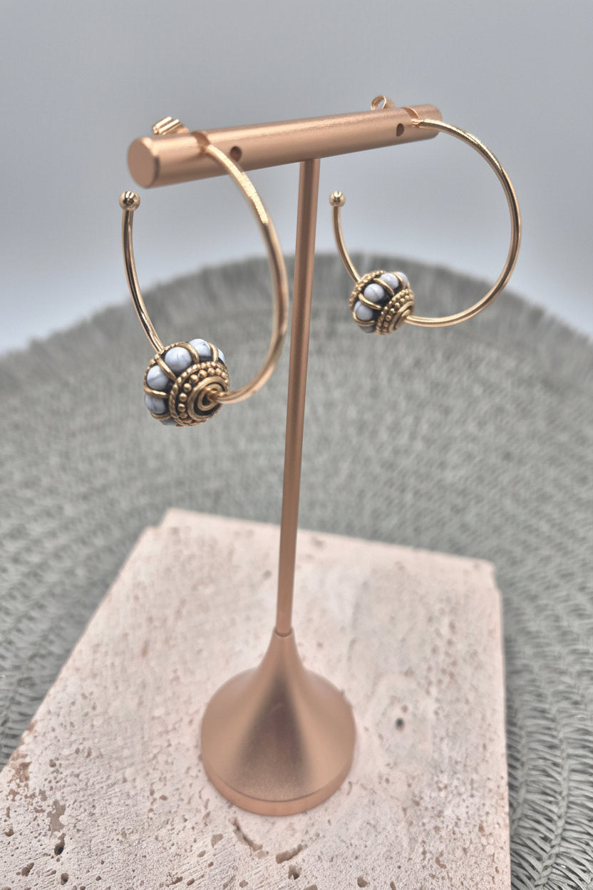 Golden Lilac Hoop Earrings- 35mm, 14K gold plated, tarnish resistant with Indonesian brass beads
