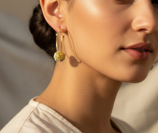 Golden Lilac Hoop Earrings- 35mm, 14K gold plated, tarnish resistant with Indonesian brass beads