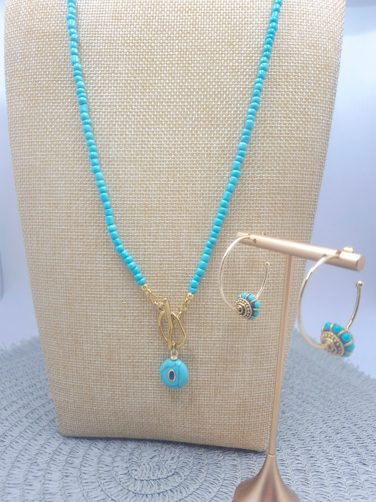 Golden Turquoise Hoop Earrings- 35mm, 14K gold plated, tarnish resistant with Indonesian brass beads