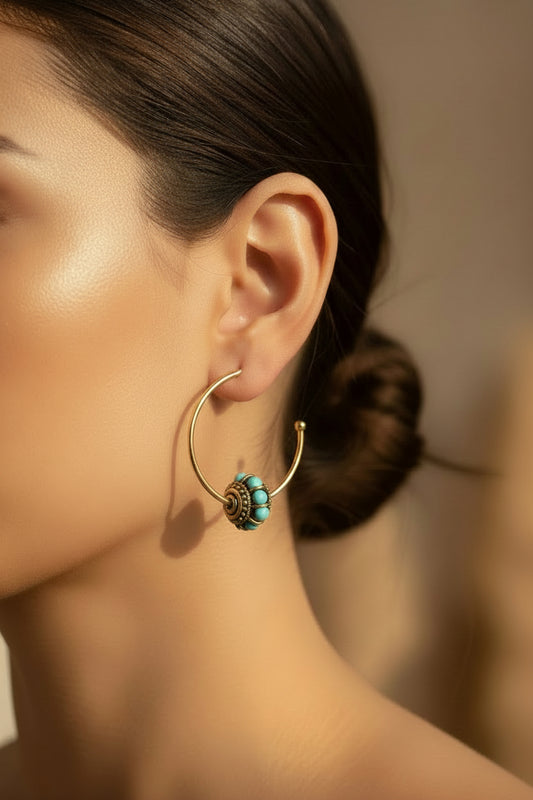 Golden Turquoise Hoop Earrings- 35mm, 14K gold plated, tarnish resistant with Indonesian brass beads