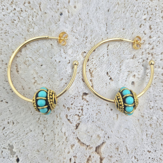 Golden Turquoise Hoop Earrings- 35mm, 14K gold plated, tarnish resistant with Indonesian brass beads