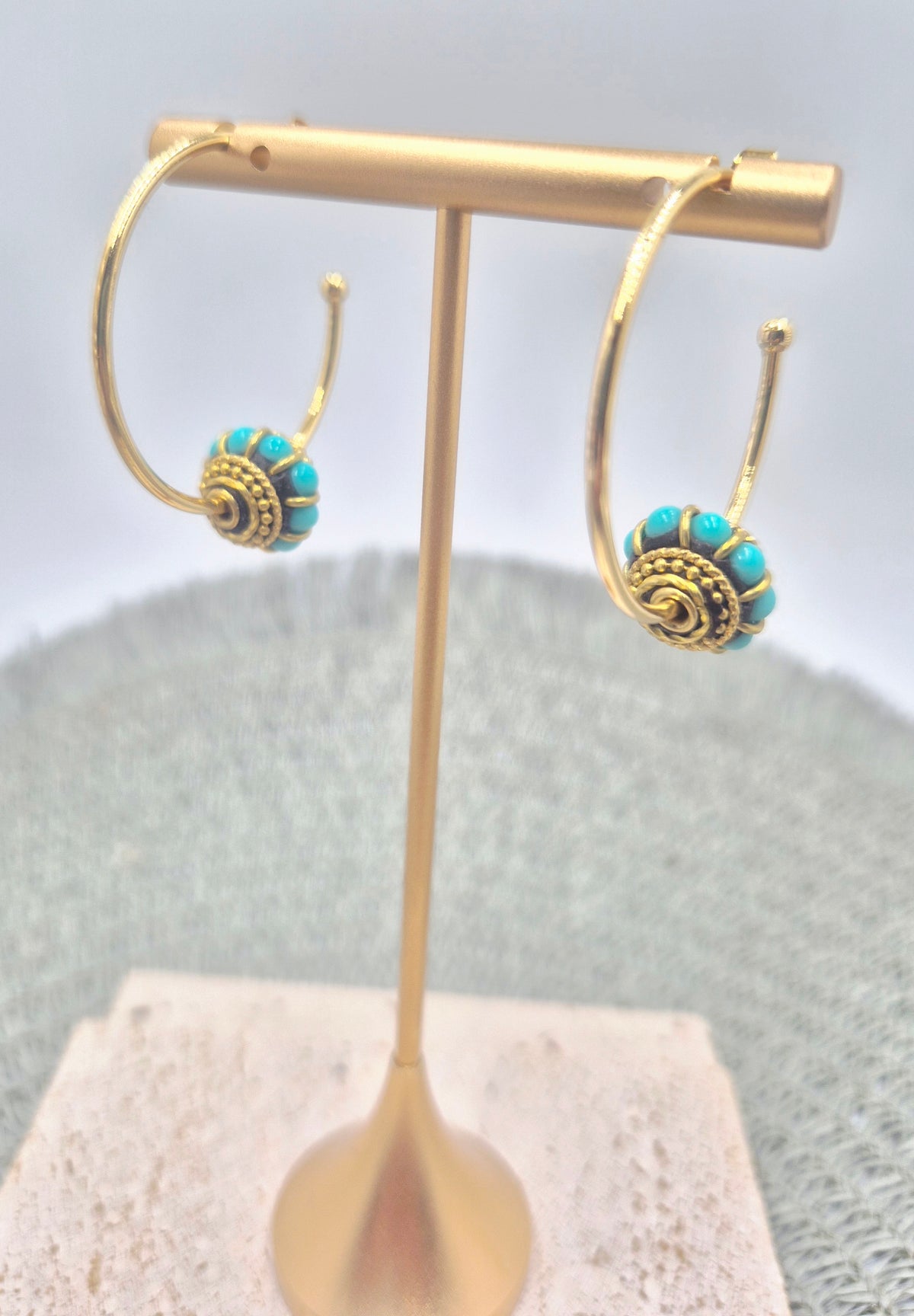Golden Turquoise Hoop Earrings- 35mm, 14K gold plated, tarnish resistant with Indonesian brass beads