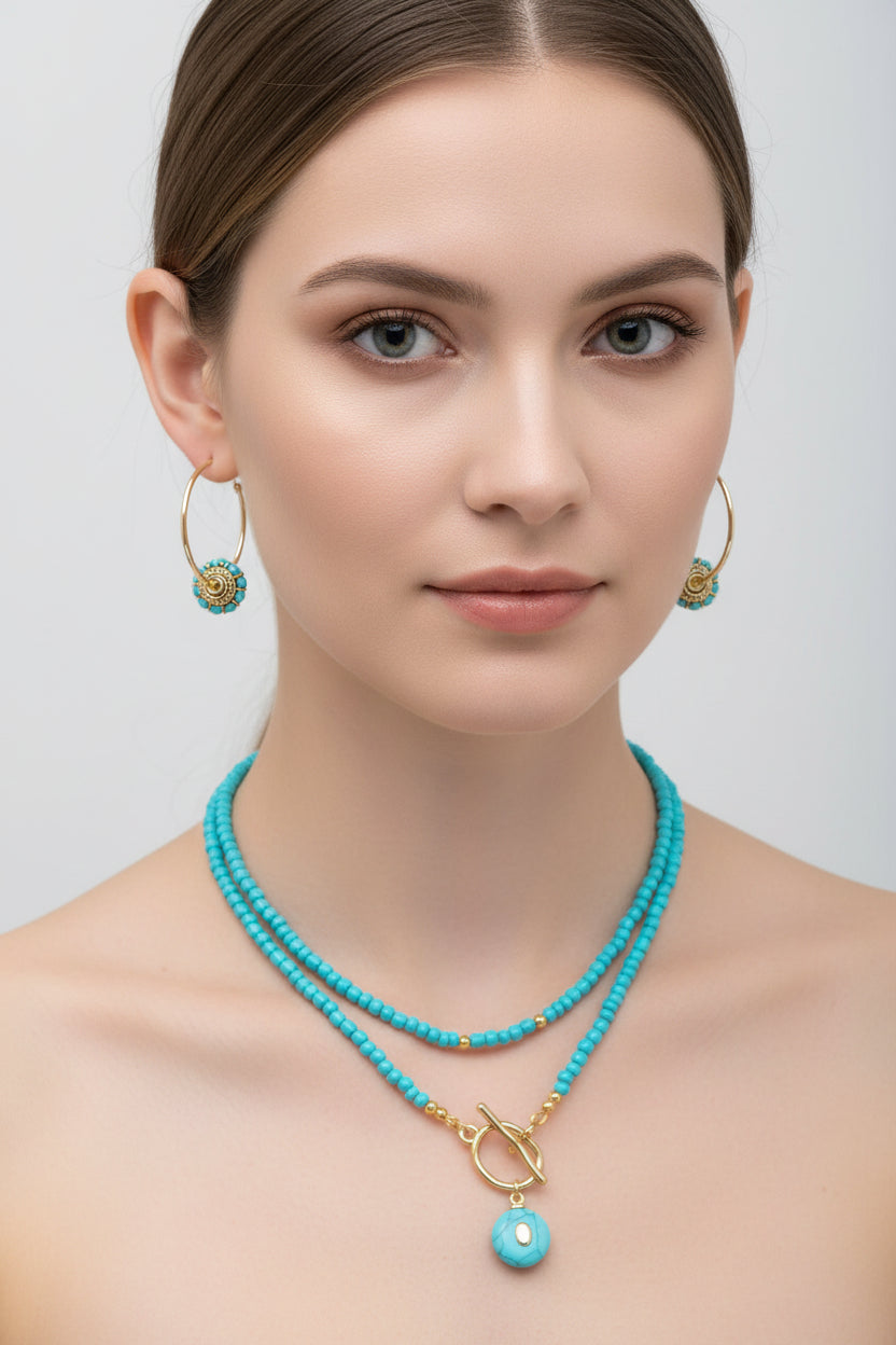 Golden Turquoise Hoop Earrings- 35mm, 14K gold plated, tarnish resistant with Indonesian brass beads