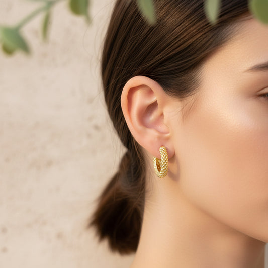 Golden Glow Textured Huggie Hoop Earrings- 17mm, 14K gold plated, tarnish resistant