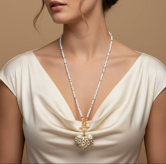 White Leopard Heart Beaded Necklace