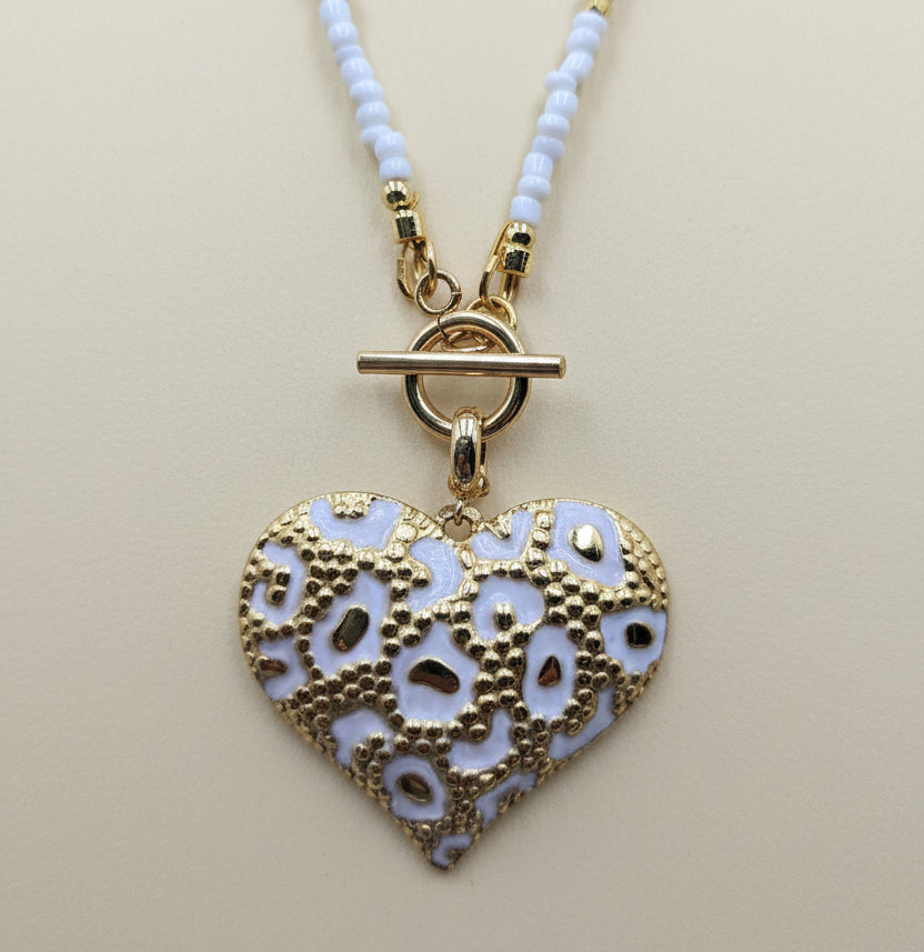 White Leopard Heart Beaded Necklace