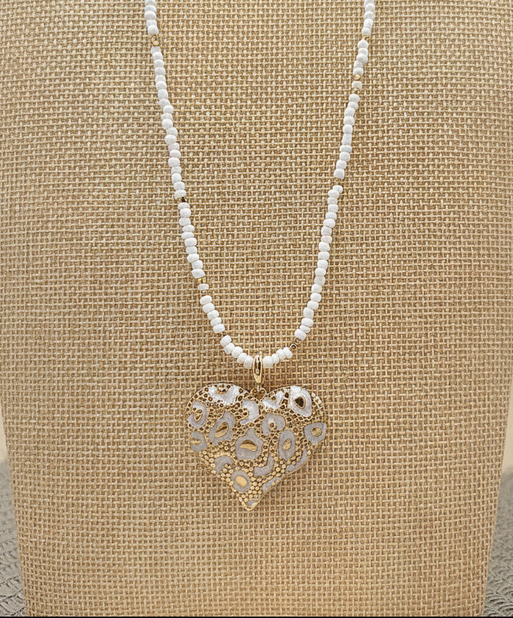 White Leopard Heart Beaded Necklace