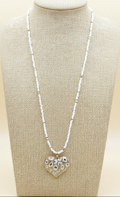 White Leopard Heart Beaded Necklace
