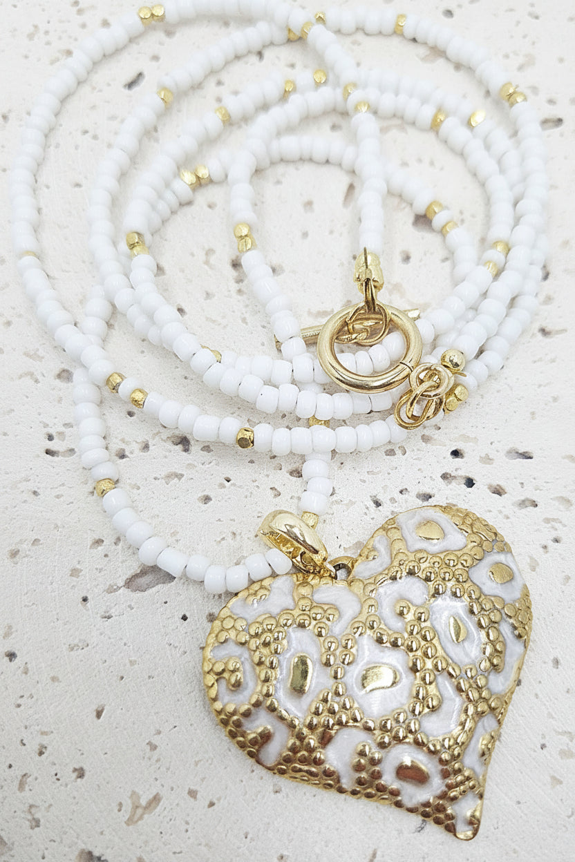 White Leopard Heart Beaded Necklace