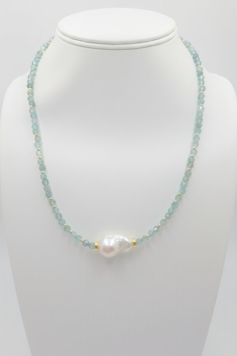 Glacial Pearl Necklace - blue apatite and baroque pearl