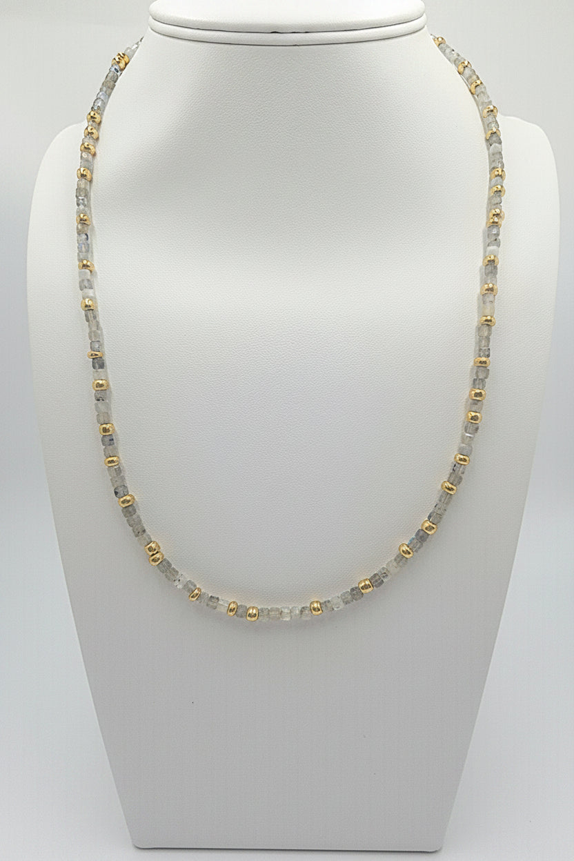 The Labradorite Mist Necklace on bust display - front view close up