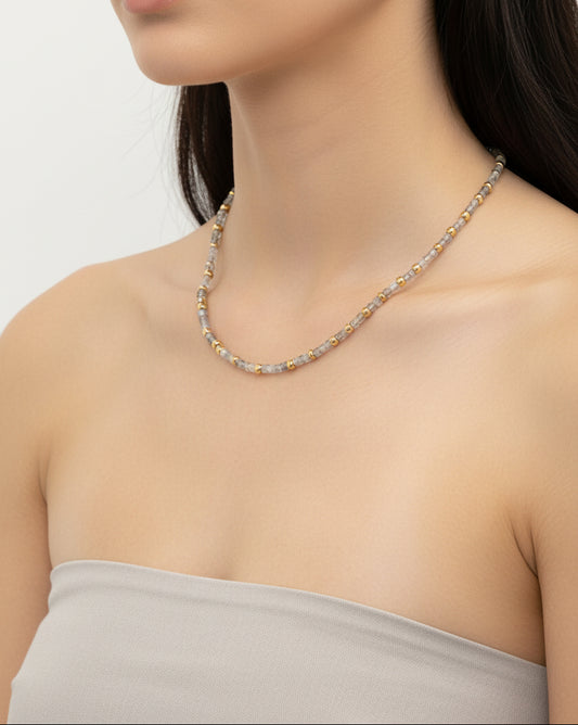 The Labradorite Mist Necklace on bust display - front view