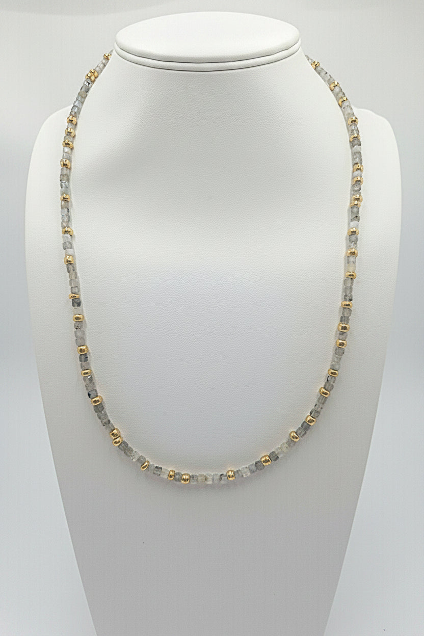 The Labradorite Mist Necklace on bust display - longer view