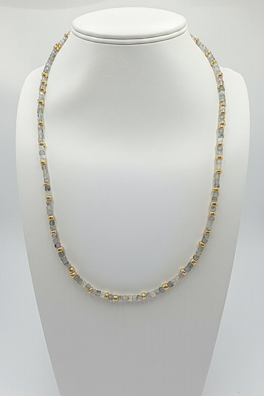 The Labradorite Mist Necklace on bust display - longer view