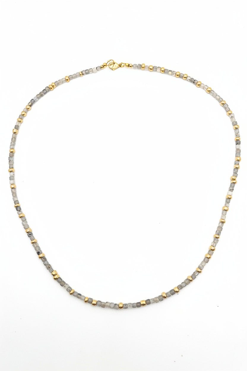 The Labradorite Mist Necklace laid flat - full necklace view