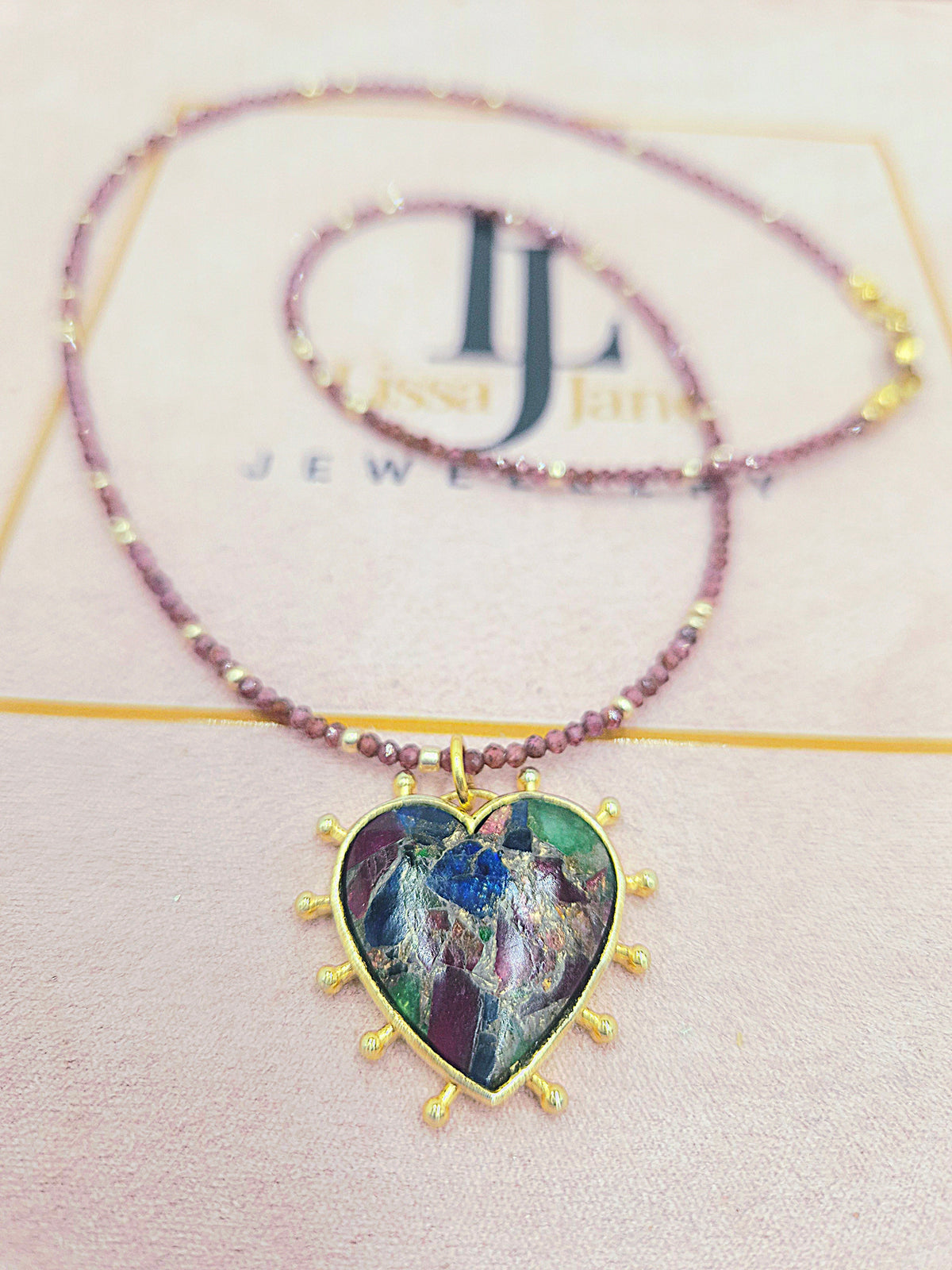 Garnet Heart Necklace - beads close up