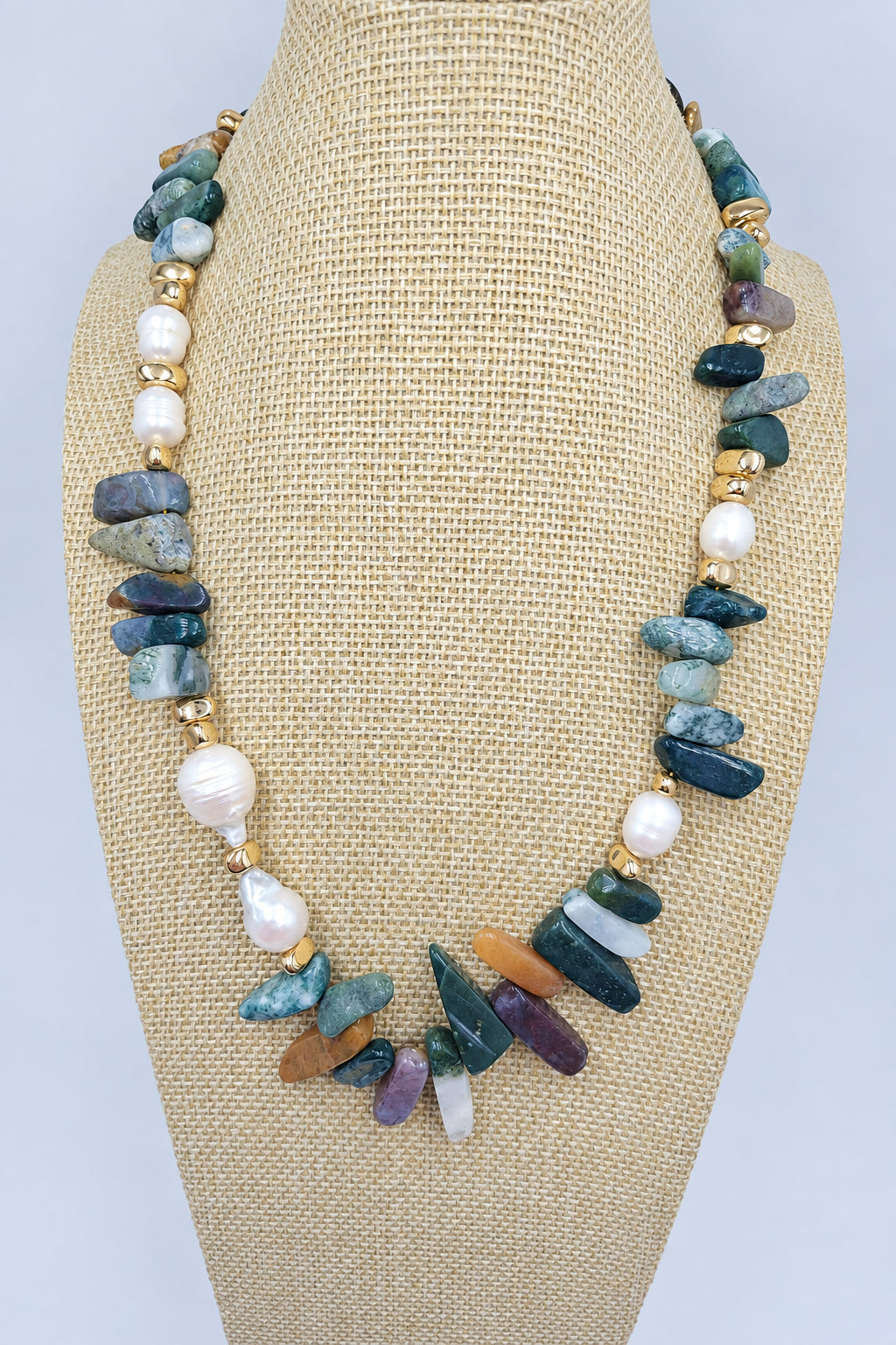 Agate and baroque pearl statement necklace with Indian agate beads, gold hematite beads and natural baroque pearls
