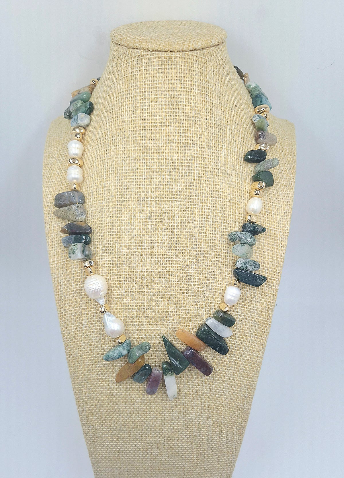 Front view of 53cm agate and baroque pearl statement necklace
