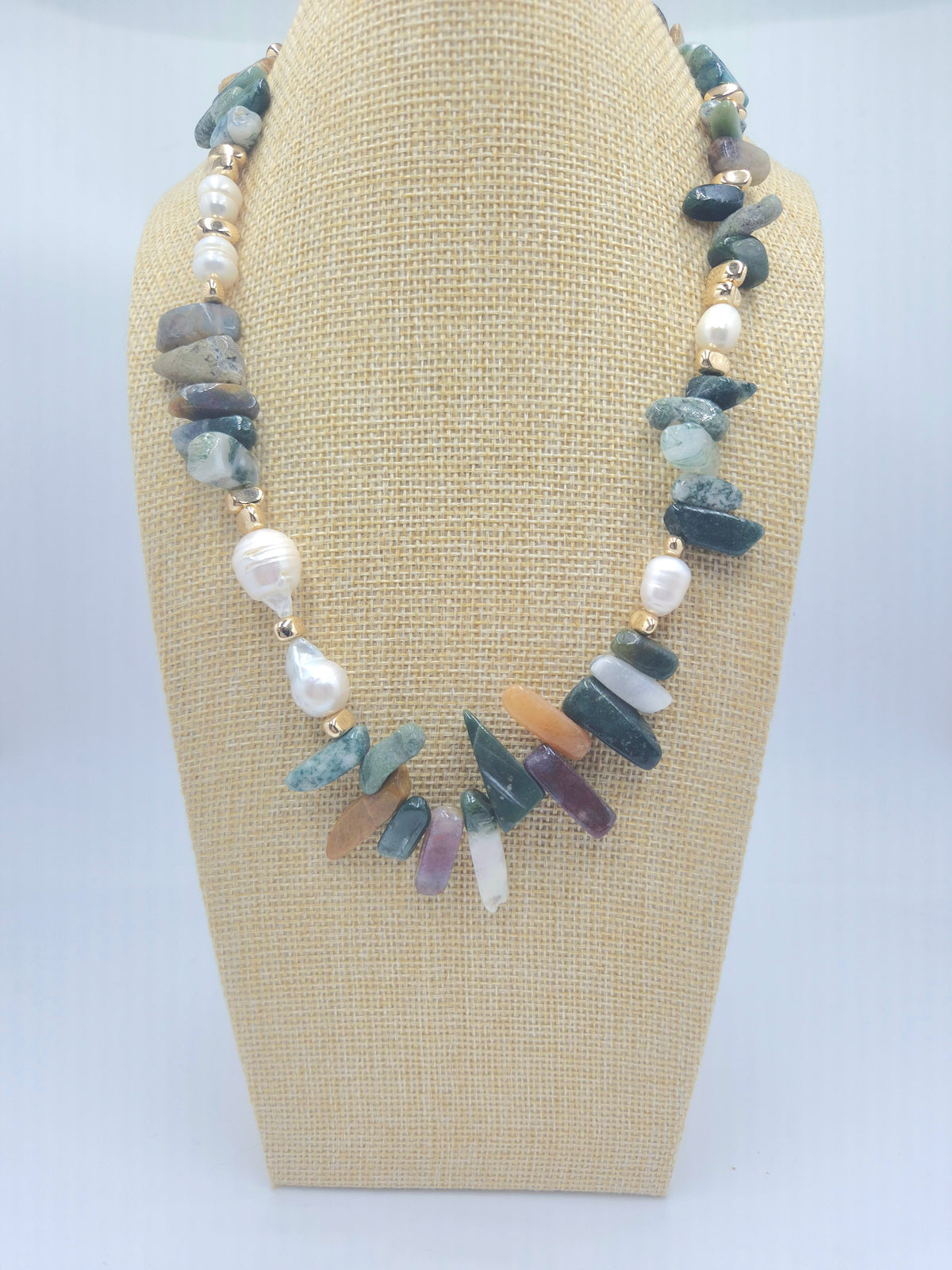 Agate and baroque pearl statement necklace with 18K gold plated ion plated toggle clasp