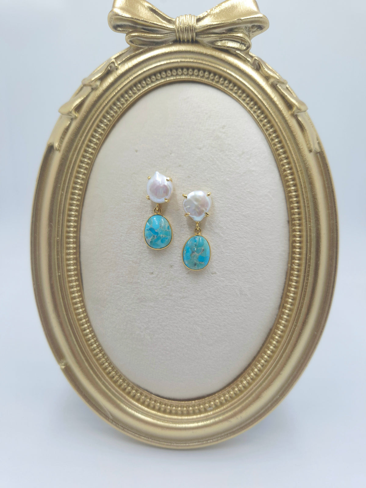 Alternate view of pearl cushion and Kingman turquoise drop earrings