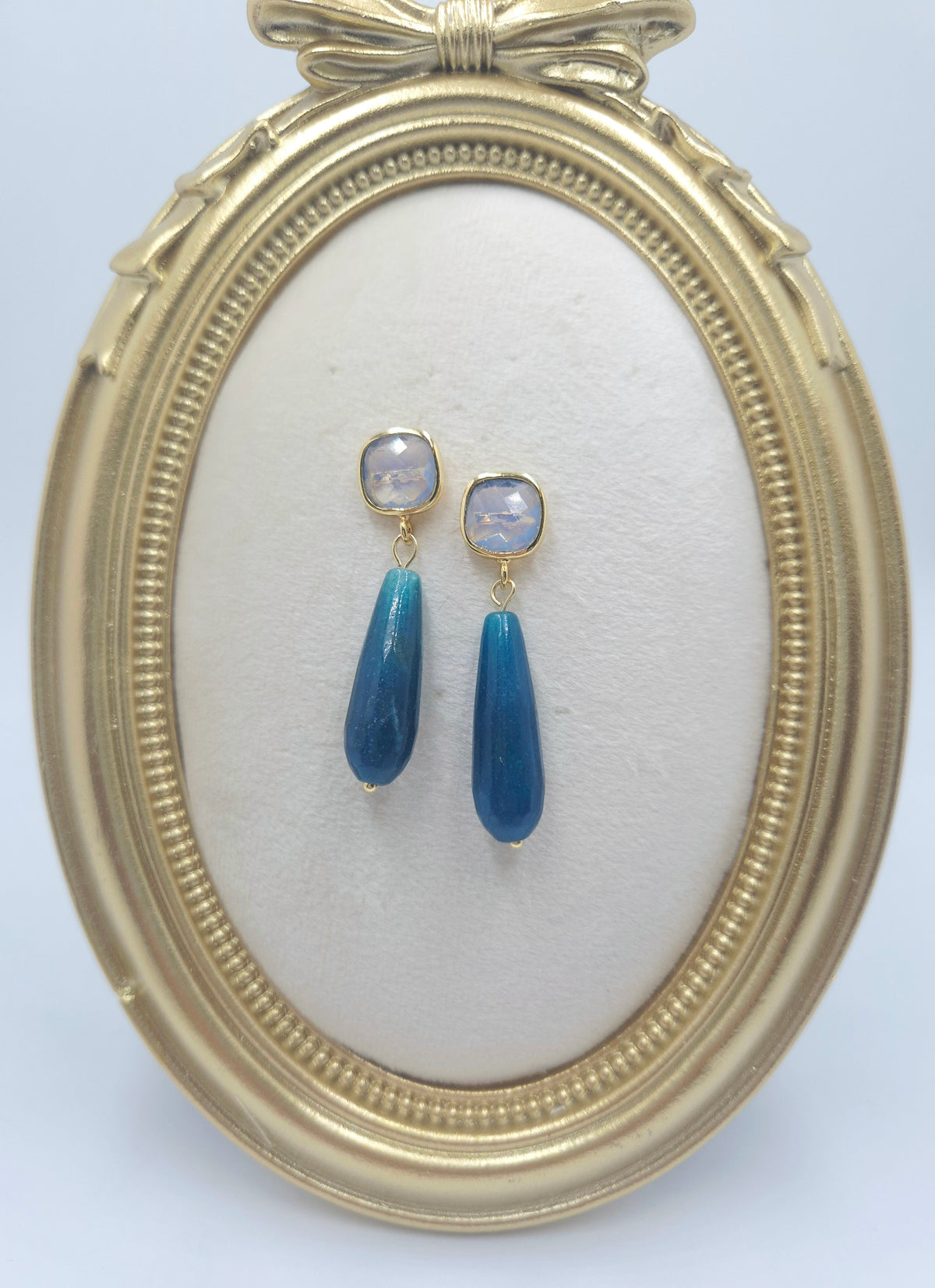 Opalite cushion studs with long blue angelite drops