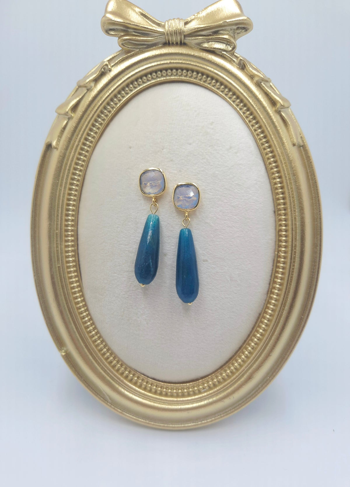 Alternate view of opalite cushion and blue angelite drop earrings