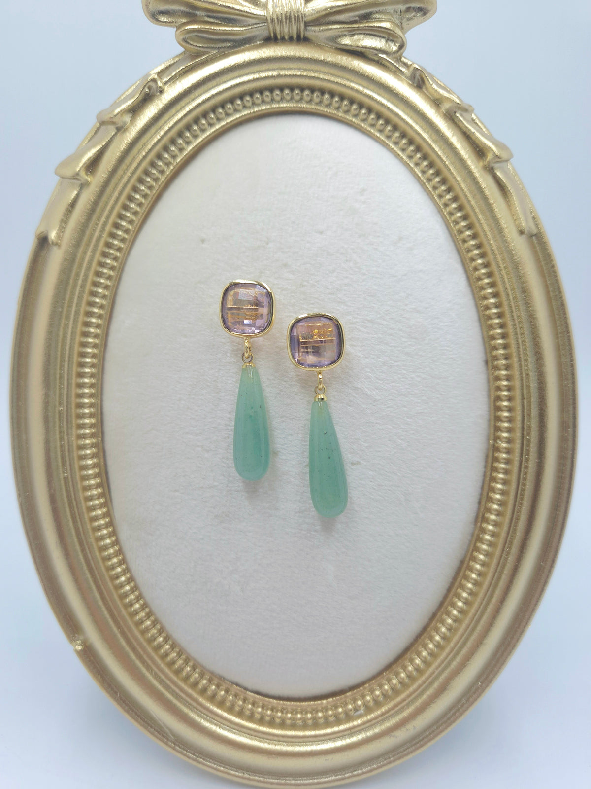 Pink quartz cushion studs with green aventurine drops