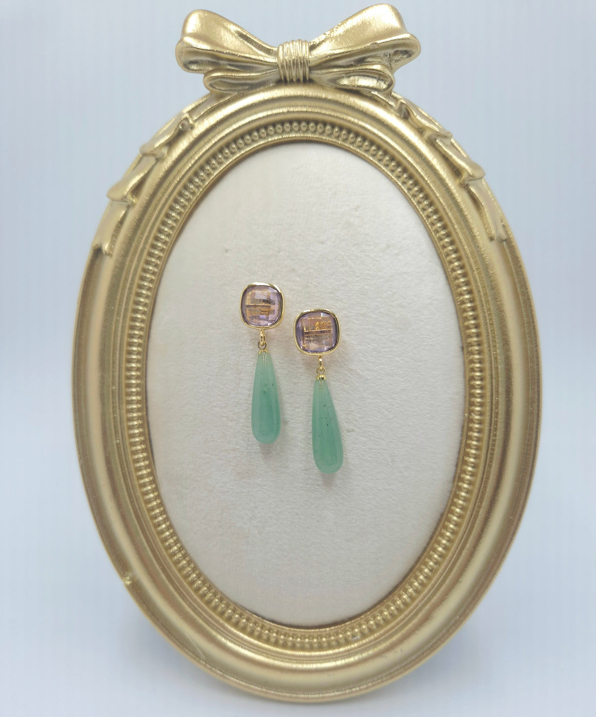 Alternate view of pink quartz cushion and green aventurine drop earrings