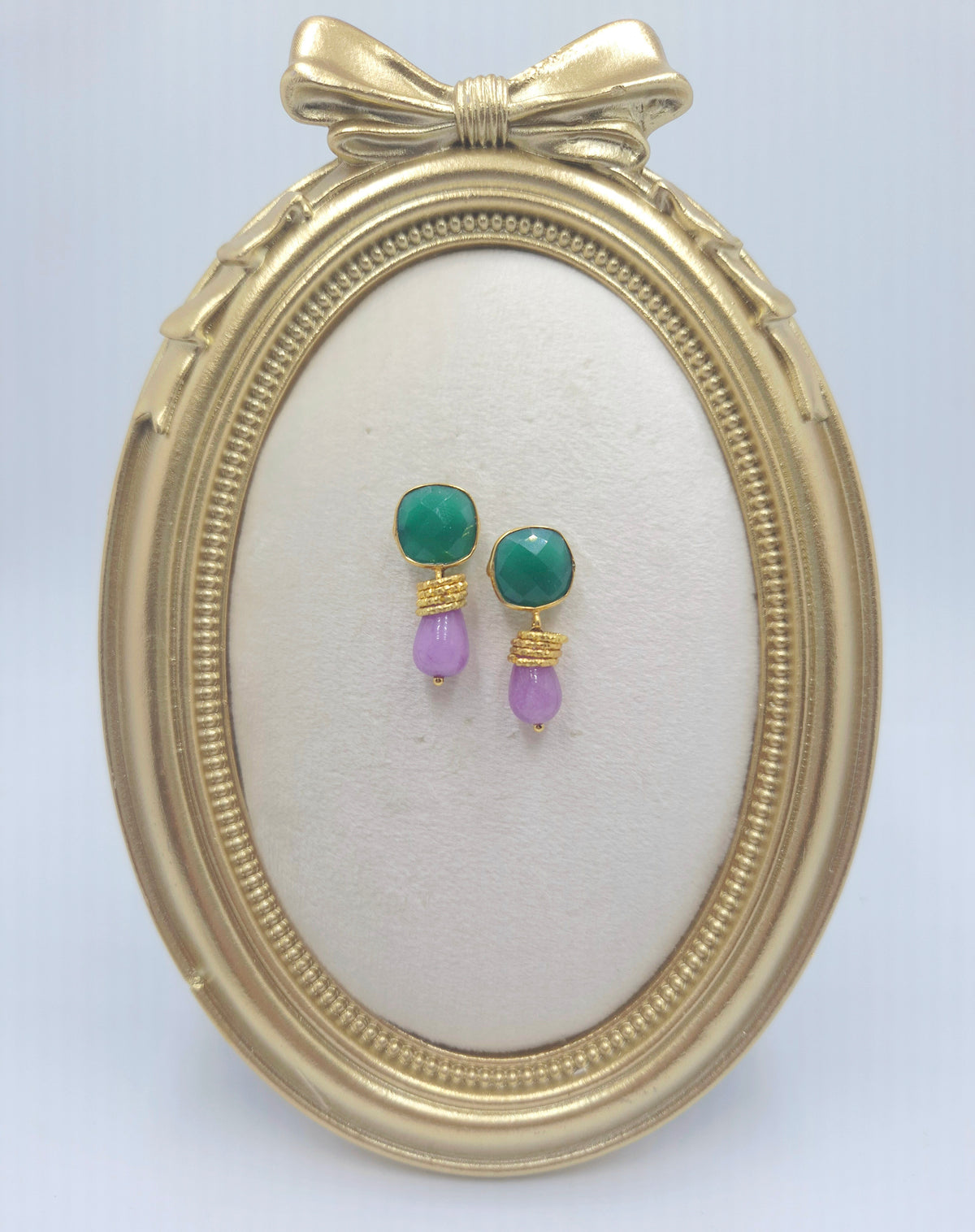 Alternate view of green onyx cushion and pale purple stone drop earrings