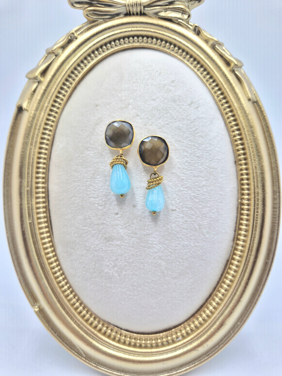Grey chalcedony cushion studs with pale blue Tianhe stone drops
