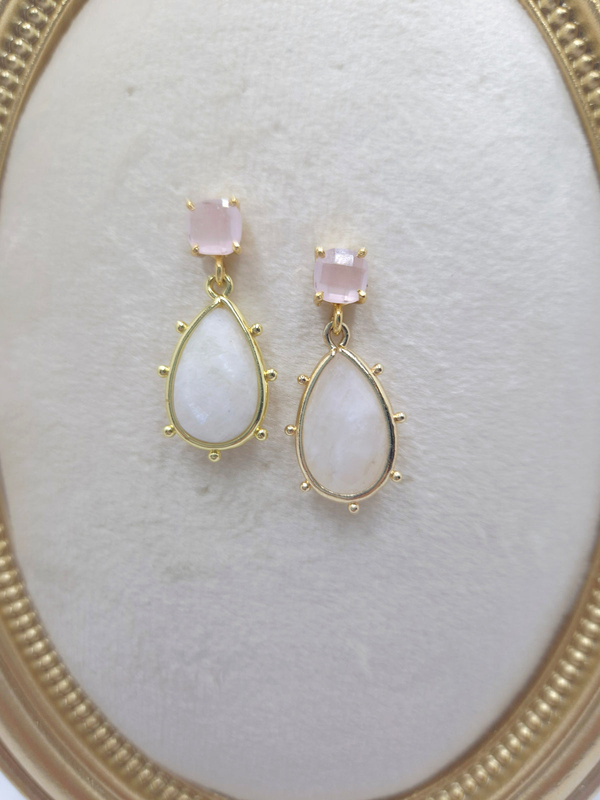 Alternate view of pink chalcedony studs and white crystal teardrop earrings